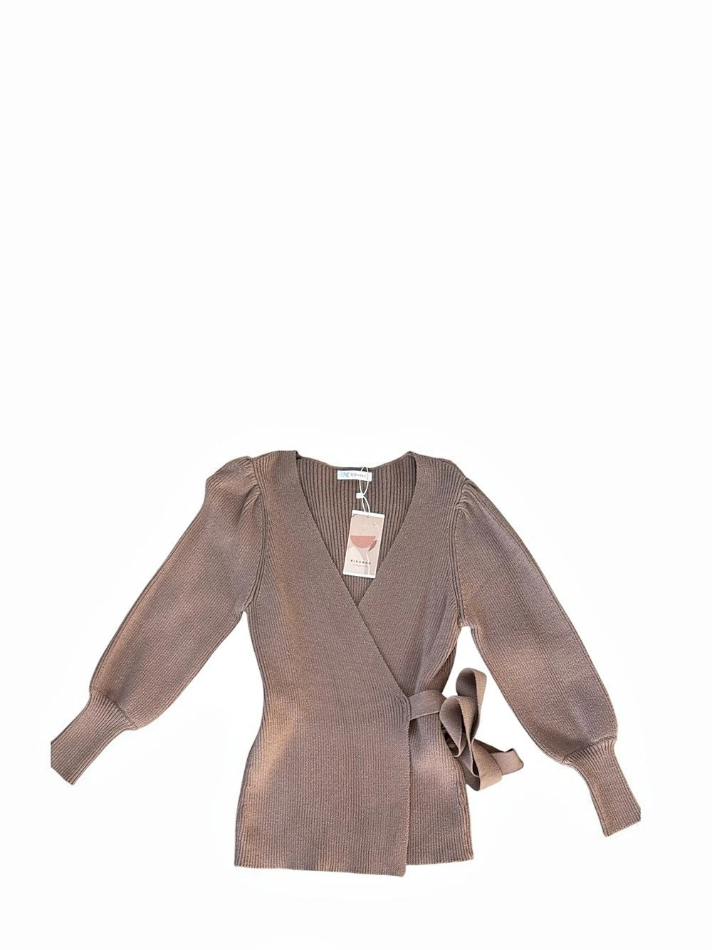 KIRUNDO Women's Wrap V-Neck Tie Waist Ribbed Knit Sweater Brown